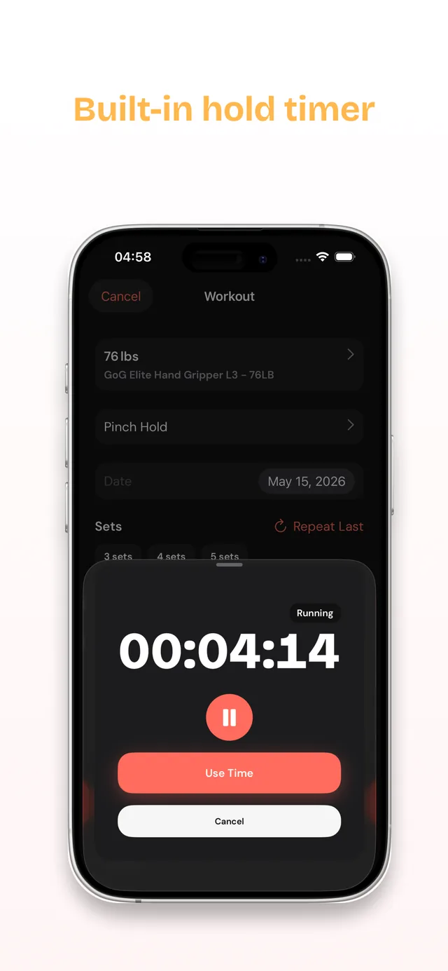 Built-in hold timer running at 4 minutes 14 seconds during a pinch hold workout entry