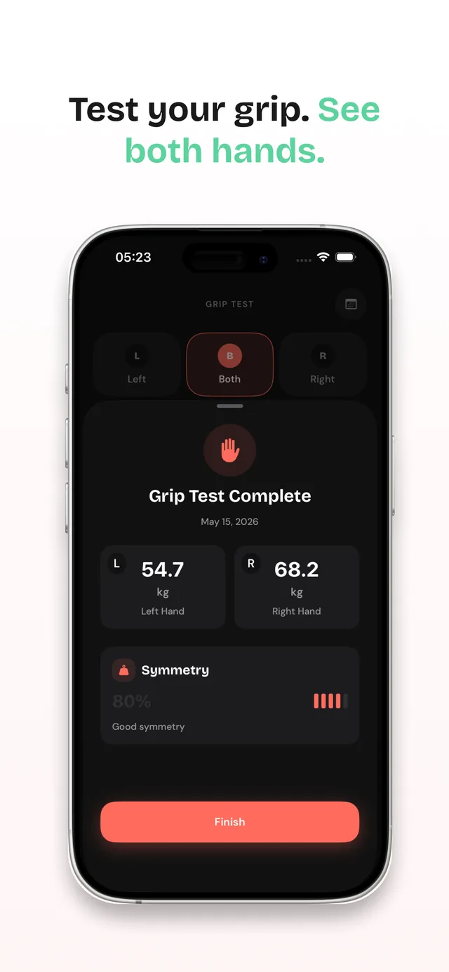 MrGripper's dynamometer grip test showing left 54.7 kg and right 68.2 kg with an 80% left–right symmetry score.