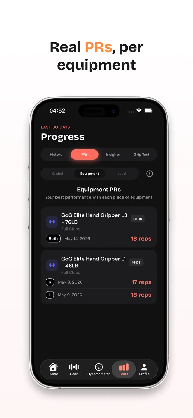 MrGripper Progress screen listing personal records broken out per piece of equipment