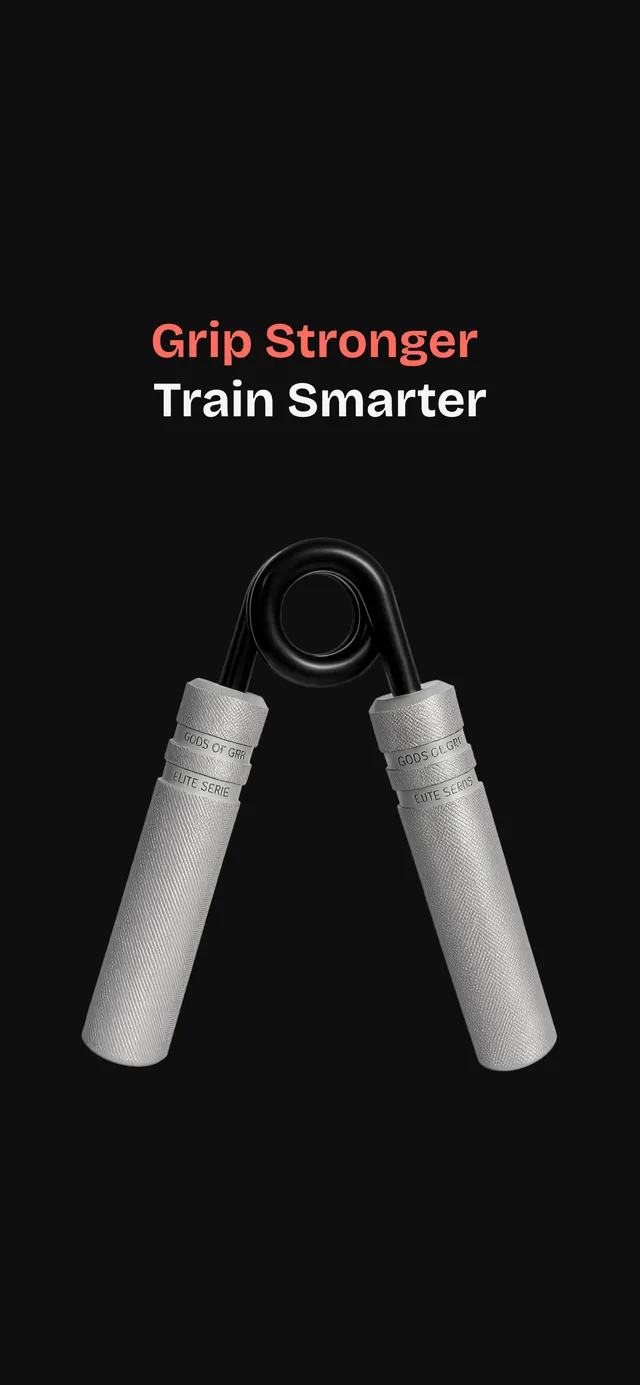 App Store screenshot of a hand gripper on a black background with the words Grip Stronger, Train Smarter