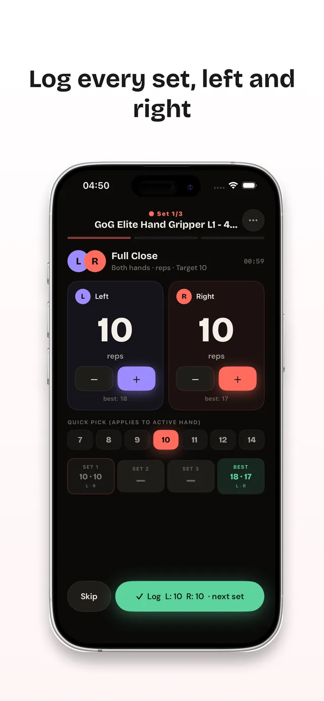 MrGripper's per-hand workout logging screen with quick-pick reps, set history, and best marks for left and right.